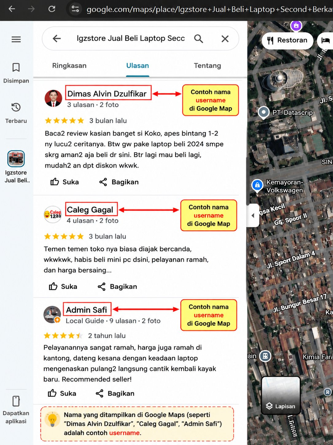 Contoh pengisian akun Google Map