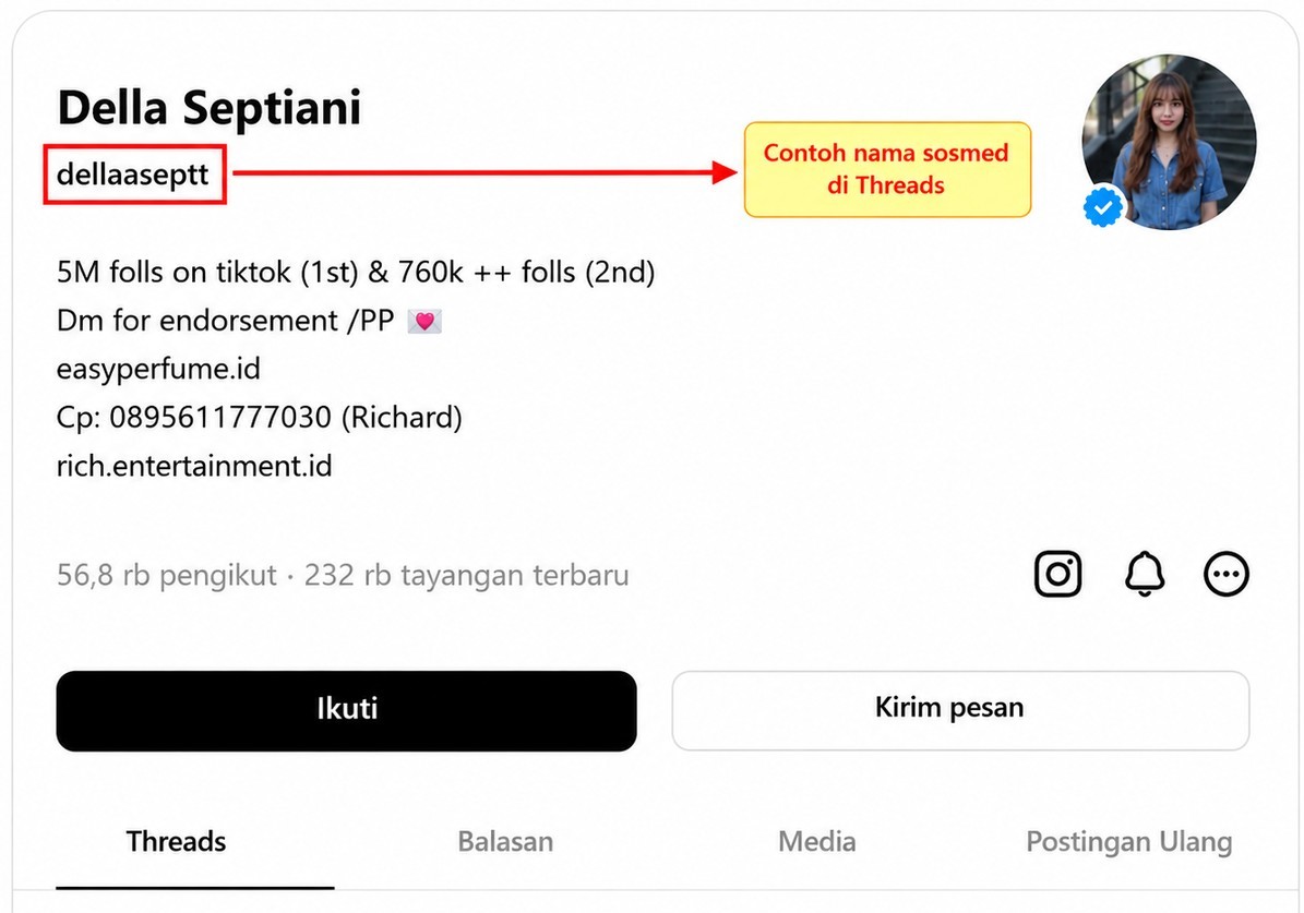 Contoh pengisian akun Threads