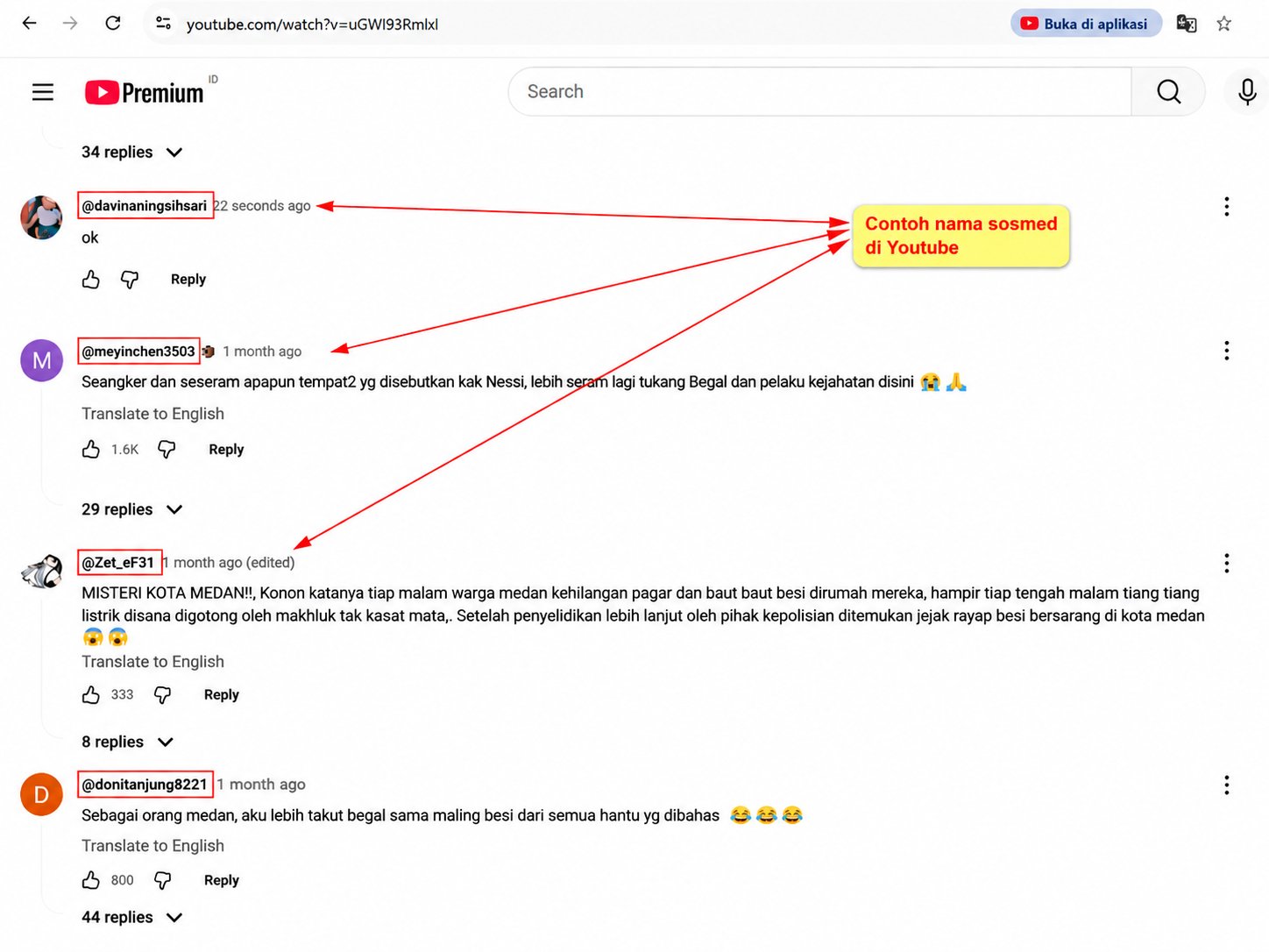 Contoh pengisian akun YouTube